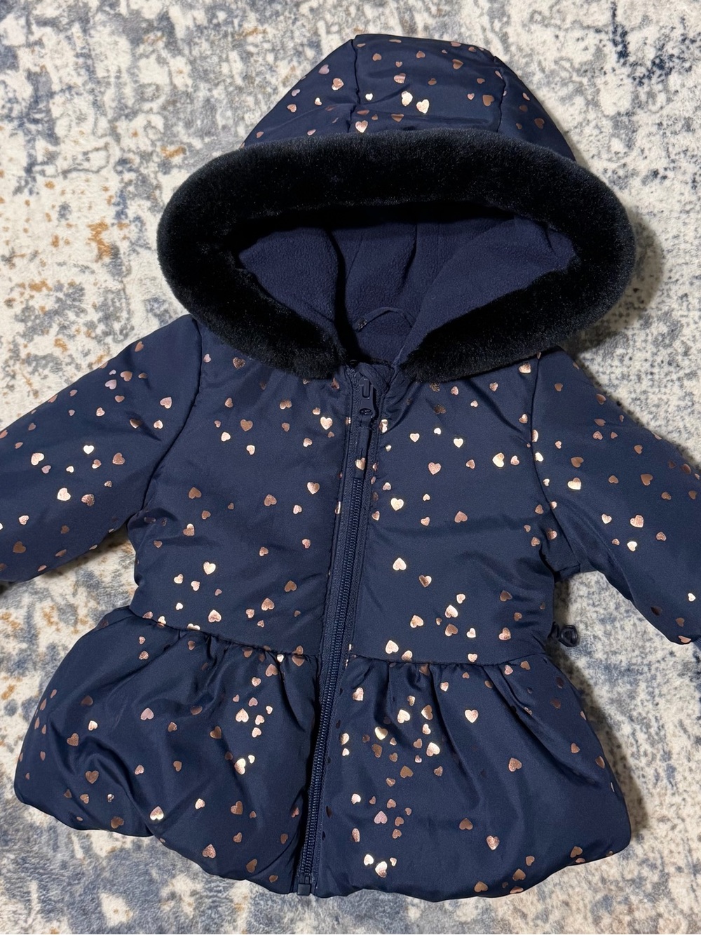 Baby Girl 6-9M Navy Puffer Winter Coat with Pink Foil Hearts and Faux Fur Hood